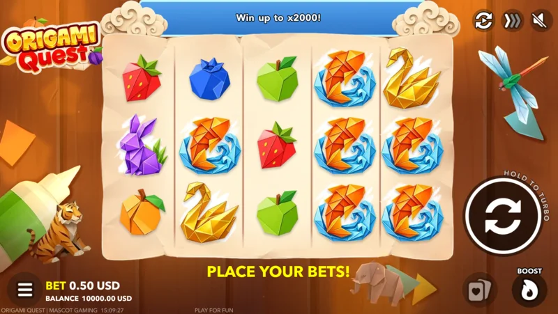 Origami Quest - pantalla de juego con panel de apuestas y botón Boost